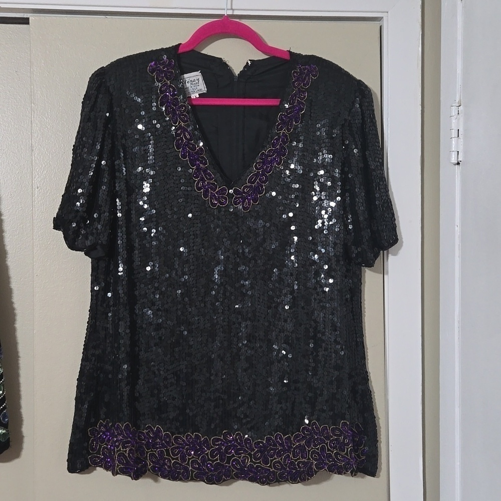 Stenay Silk Black Sequin and Purple Beaded Top Size 1X